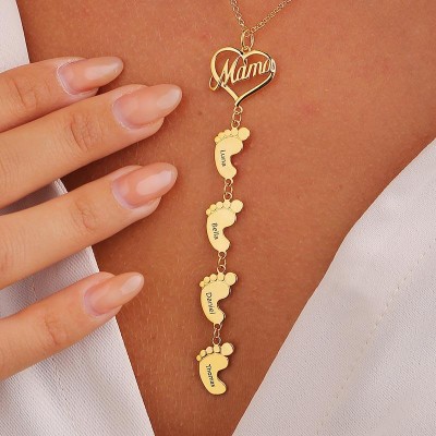 18K Gold Plating Personalised Mum Necklace With Baby Feet 1-10 Pendants