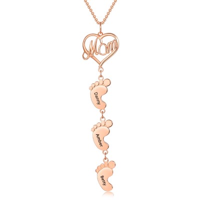 18K Rose Gold Plating Personalised Mum Necklace With Baby Feet 1-10 Pendants