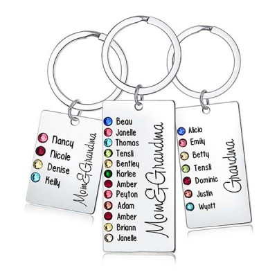 Personalised 1-13 Engraving Names with Birthstone Keychain Gift For Mom and Grandma