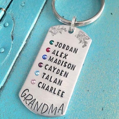 Personalised 1-8 Engraving Names with Birthstone Keychain Gift For Mom and Grandma