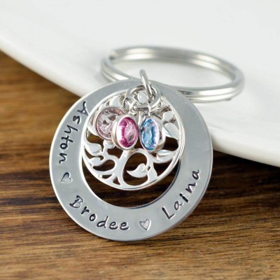 Personalised 1-6 Engraving Names with Birthstone Keychain Gift For Mom and Grandma