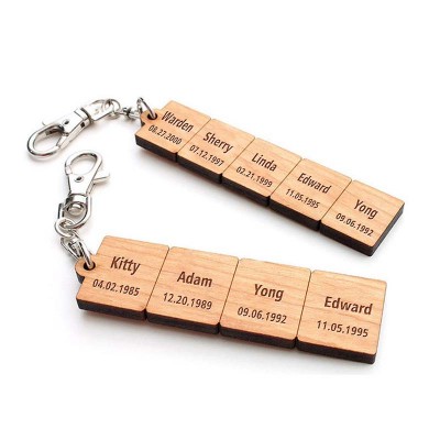 Father's Day Gift Personalised Wood Pieces Keychain with 1-10 Names Dad Husband Grandpa
