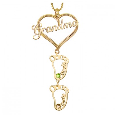 Personalized Grandma Heart Necklace with 1-10 Hollow Baby Feet Birthstone Charms