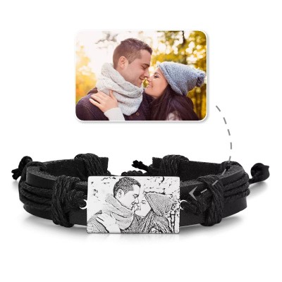 Men's Rectangle Photo Engraved Tag Bracelet Black Leather Bracelet