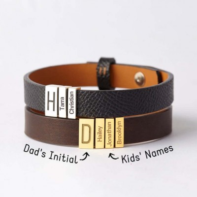 Personalised Leather Beads Bracelet With Dad And Children's Name Engraving