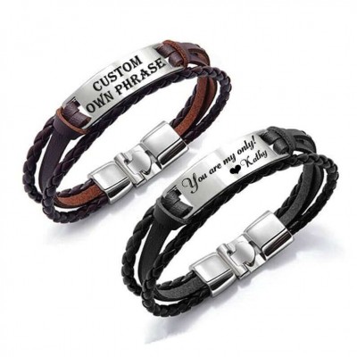 Personalised Leather Bracelet Engraved Bar Bracelet