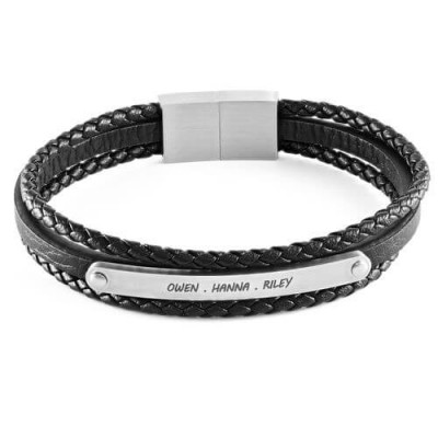 Stacked Black Leather Bracelets With Engraved Bar