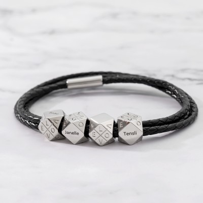 Father's Day Gift Personalised Men's Braided Leather Bracelet with 1-10 Polyhedral Beads 