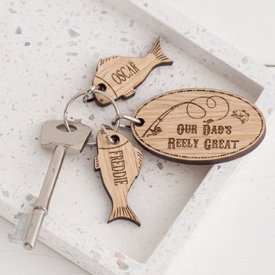 Father's Day Gift Personalised Fishing Keychain with 1-10 Names Charms Dad Grandpa