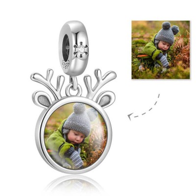 Round Dangle Engraved Photo Charm With Swarovski Crystal Silver