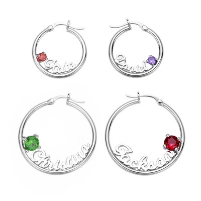 Personalised Name Birthstone Hoop Earrings in Silver