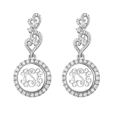 Engraved Lace Circle Monogram Silver Earrings