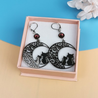 Halloween Two Black Cat On Moon Earrings with Birthstone Gift For Her