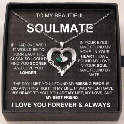 Personalised To My Soulmate Heart Shaped 2 Names Necklace With Birthstones Couple Necklace for Her Gifts For Anniversary Valentine's Day