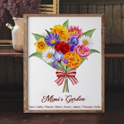Personalised Mimi's Garden Art Print Birth Flowers Bouquet Frame Love Gift For Mum Grandma Mother's Day Gift