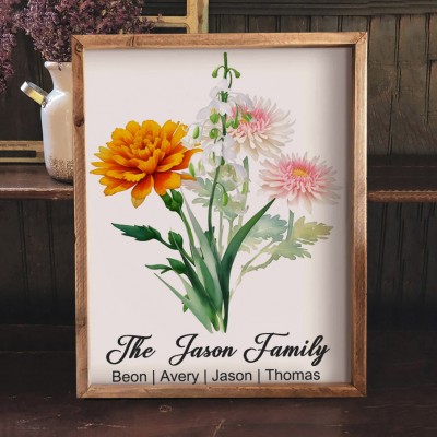 Personalised Birth Flower Family Bouquet Art Frame With Names Unique Gifts For Mum Grandma Mother's Day Gift