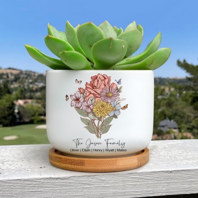 Custom Family Birth Flower Bouquet Plant Pot with Kids Names Mother's Day Gift Ideas