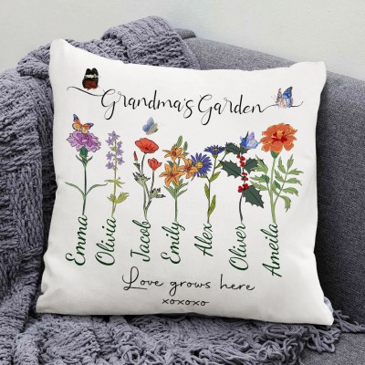 Custom Grandma's Garden Birth Flower Pillow with Kids Names Gift Ideas for Mum Grandma New Mum Gift Family Gift 