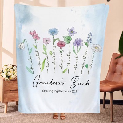 Personalised Grandma's Bunch Birth Month Flower Blanket with Kids Names Great Gift Ideas For Grandma Mum