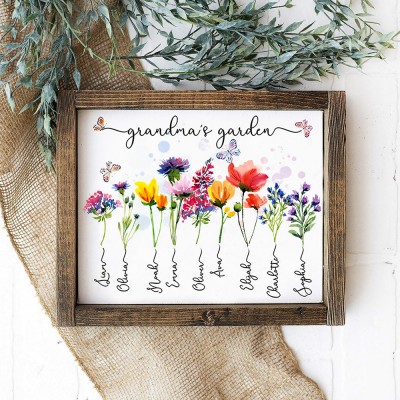 Personalised Grandma's Garden Birth Flower Sign with Children Name Gift For Mum Grandma Wife Her