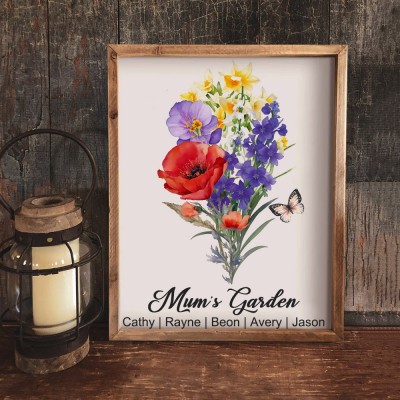 Custom Mum's Garden Family Art Print Bouquet Frame With Kids Names Unique Gifts For Mum Grandma Mother's Day Gift