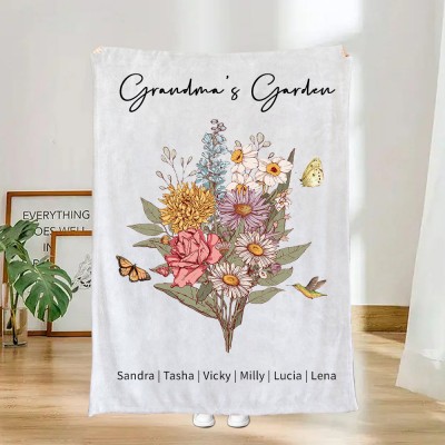 Custom Grandma's Garden Blanket With Birth Flower Bouquet Family Gifts For Grandma Mum Mother's Day Gift Ideas