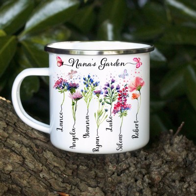 Nana's Garden Camping Mug Personalised Birth Month Flower Coffee Mug Gifts for Nana Christmas Gifts for Mum