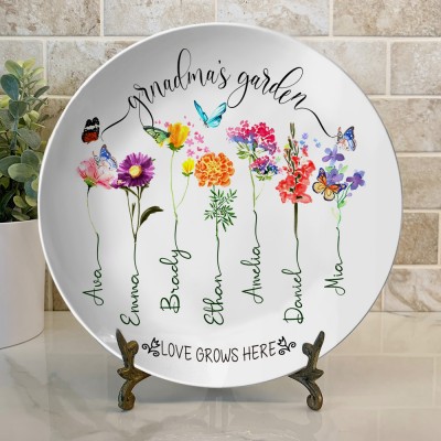 Custom Grandma's Garden Plate With Grandkids Names Family Birth Flower Platter Unique Gifts for Grandma Mum