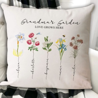 Custom Grandma's Garden Pillow with Grandkids Names Gift for Mum Grandma Birthday Gift  