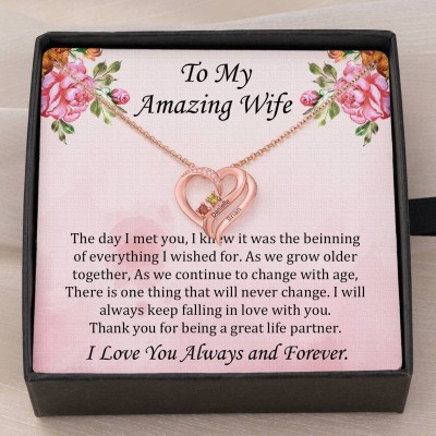 Personalised To My Wife Heart Name Necklace with Birthstone Designs For Anniversary Valentine's Day Christmas Gift For Wife