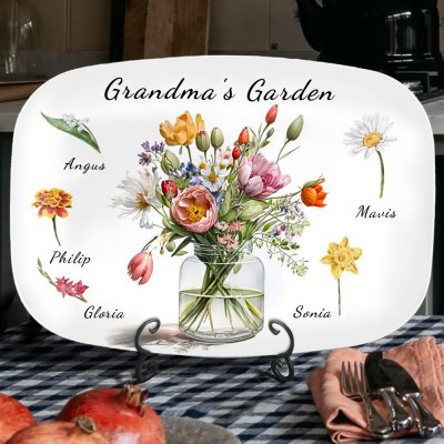 Custom Family Birth Month Flower Plate Personalised Grandma's Garden Platter with Grandkids Names Christmas Gift Ideas for Grandma Mum