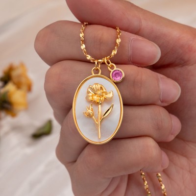 Personalised Birth Month Flower Mother Shell Gold Necklace With Birthstone Gifts For Mum Her