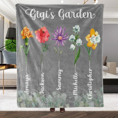 Personalised Gigi's Garden Birth Flower Blanket with Grandkid Names Gift for Gigi Grandma Mum