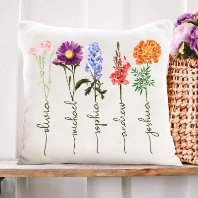Personalised Family Garden Birth Month Flower Pillow with Engraved Names Love Gift for Grandma Mum Birthday Gift for Her