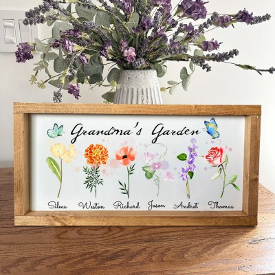 Personalised Grandma's Garden Birth Flower Wood Frame Sign with Names Gifts For Grandma Mum Her