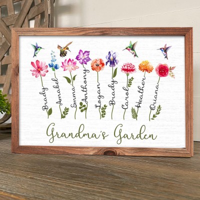 Personalised Grandma's Garden Birth Flower Frame with Names Love Gift For Mum Grandma Wife Her