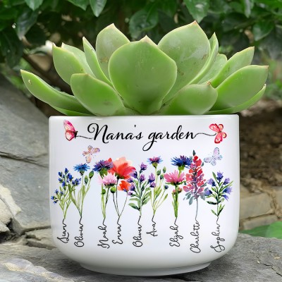 Personalised Nana's Garden Birth Month Flower Plant Pot with Names Unique Birthday Gifts For New Mum Grandma Nana Her