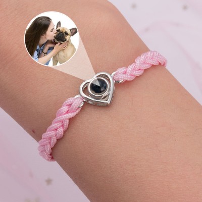 Personalised Heart Photo Projection Rope Bracelet with Picture Inside Gift Ideas For Pet Lover For Her