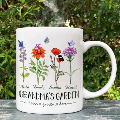 Grandma's Garden Birth Month Flower Personalised Mug with Kids Names Unique Gift Ideas for Mum Grandma Christmas Gift Family Gift