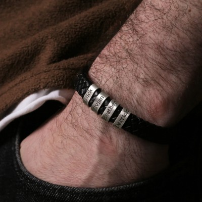 Personalised Handmade Engraved Beads Men Leather Bracelet With Kids Names Unique Gift For Dad Father's Day Gift Ideas