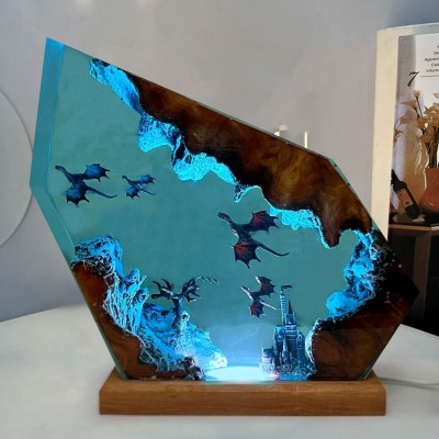 Fire Dragon and Ice Dragon Resin Ocean Wood Lamp