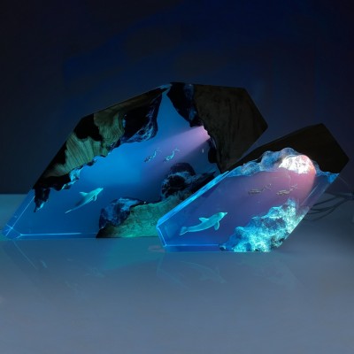 Dolphin And Couple Diver Resin Night Light Blue Ocean Wood Lamp