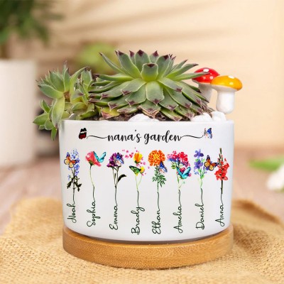 Personalised Nana's Garden Birth Flower Pot Engraved with Kids Names Unique Gifts for Grandma Mum