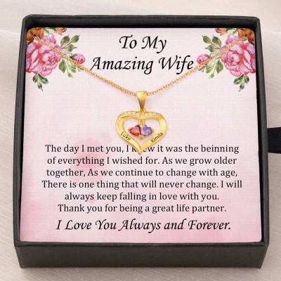 To My Wife Custom Heart Name Necklace with Birthstones Anniversary Birthday Christmas Gift Ideas For Wife