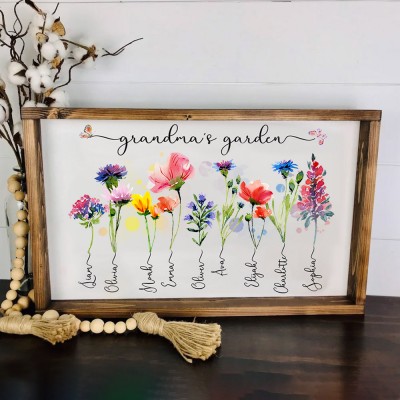 Engraved Wood Birth Flower Nana's Garden Sign with Grandkids Name Personalised Mother's Day Gifts