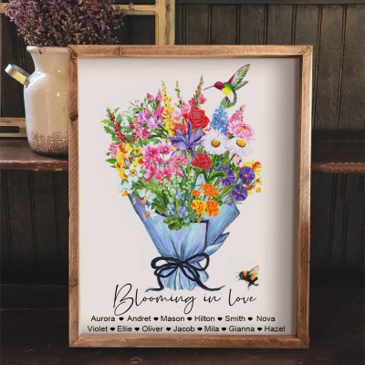 Personalised Birth Flower Bouquet Print with Names Family Birthday Gifts For Grandma Wife Mum Her