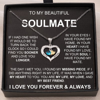 To My Soulmate Couple Heart Name Necklace with 2 Birthstones for Her Anniversary Gifts for Wife Valentine's Day Gifts