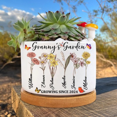 Personalised Granny's Garden Outdoor Plant Pot With Birth Flowers And Names Keepsake Gifts For Grandma Mum Mother's Day Gift