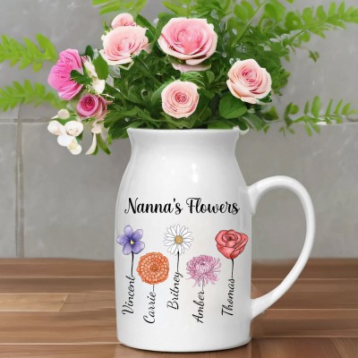 Custom Nana's Birth Flower Vase With Grandkids Names Mother's Day Gift Personalised Garden Gifts For Mum Grandma