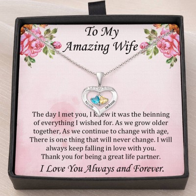 Personalised To My Wife Heart Shaped Name Birthstones Necklace Wedding Anniversary Gifts for Wife